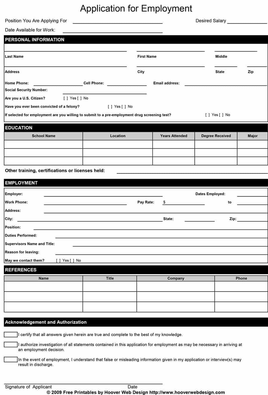 50 Free Employment / Job Application Form Templates [Printable - Free Printable Job Application Template
