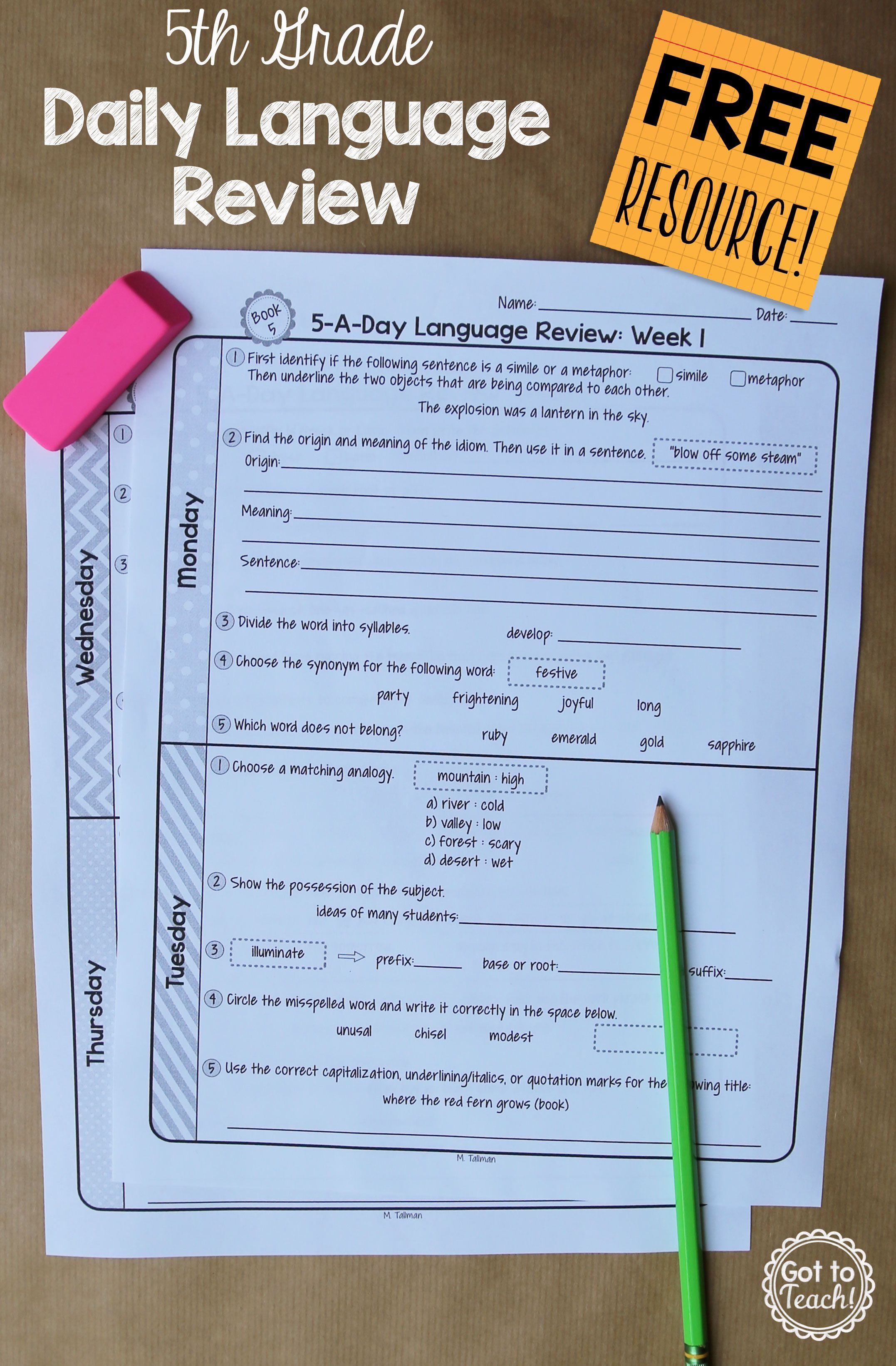 5Th Grade Daily Language Spiral Review - 2 Weeks Free - Daily Language Review Grade 5 Free Printable