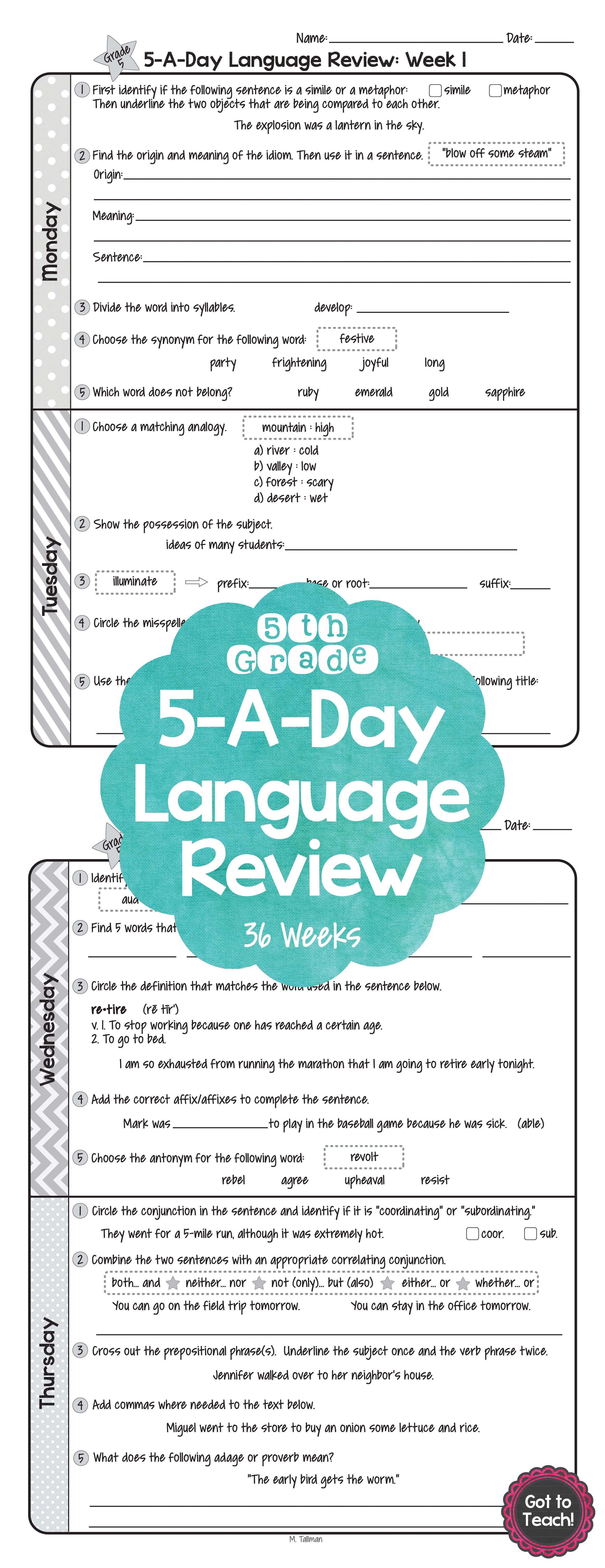 5Th Grade Daily Language Spiral Review Morning Work Editable - Daily Language Review Grade 5 Free Printable
