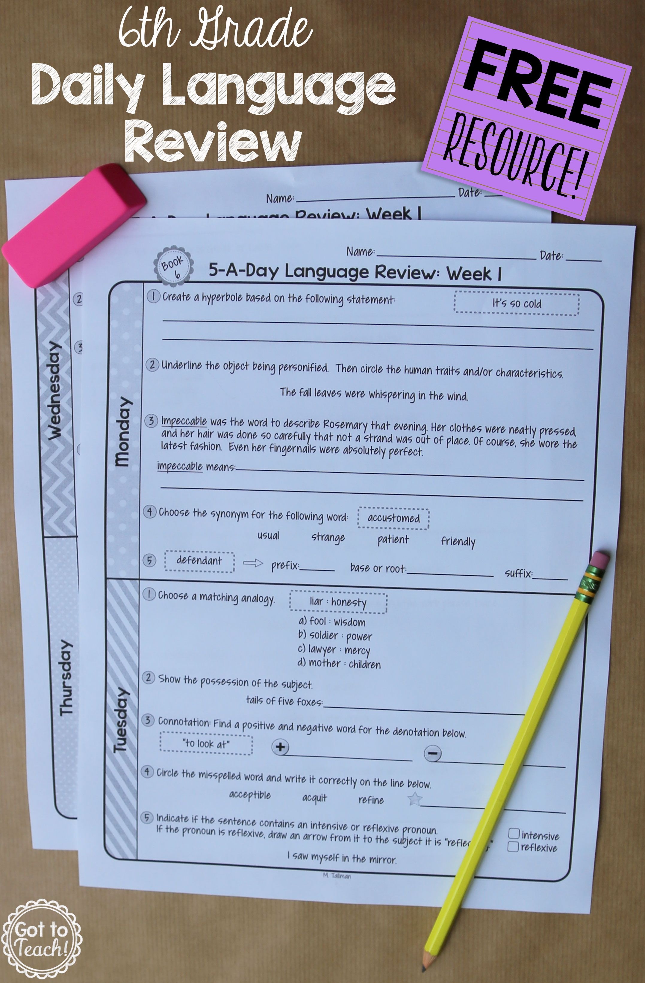 6Th Grade Daily Language Spiral Review - 1 Week Free - Daily Language Review Grade 5 Free Printable