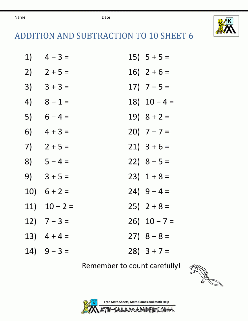 Addition And Subtraction Worksheets For Kindergarten - Free Printable Addition And Subtraction Worksheets