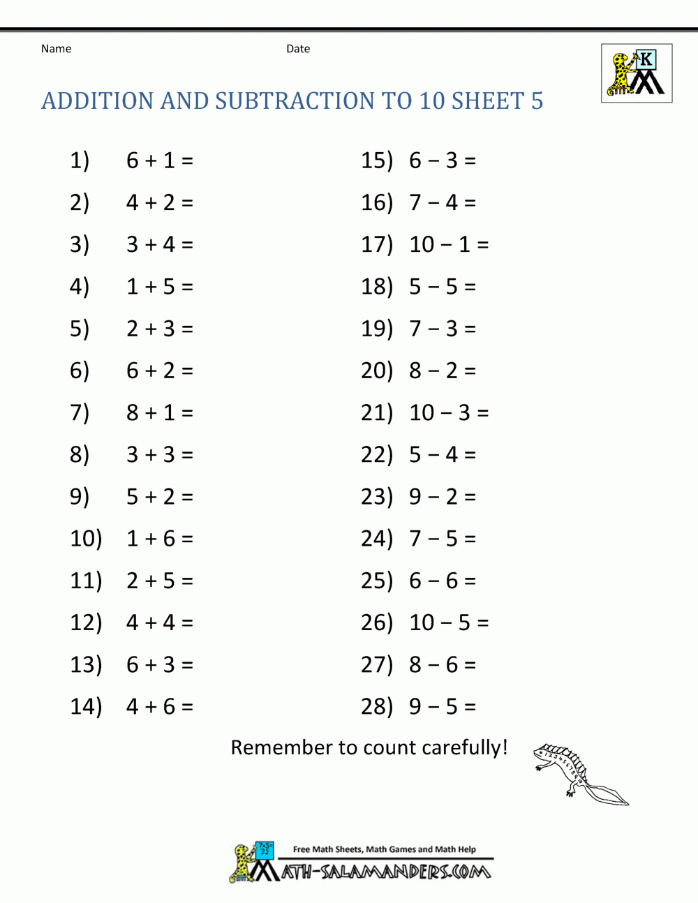 Addition And Subtraction Worksheets For Kindergarten - Free Printable Math Worksheets Addition And Subtraction