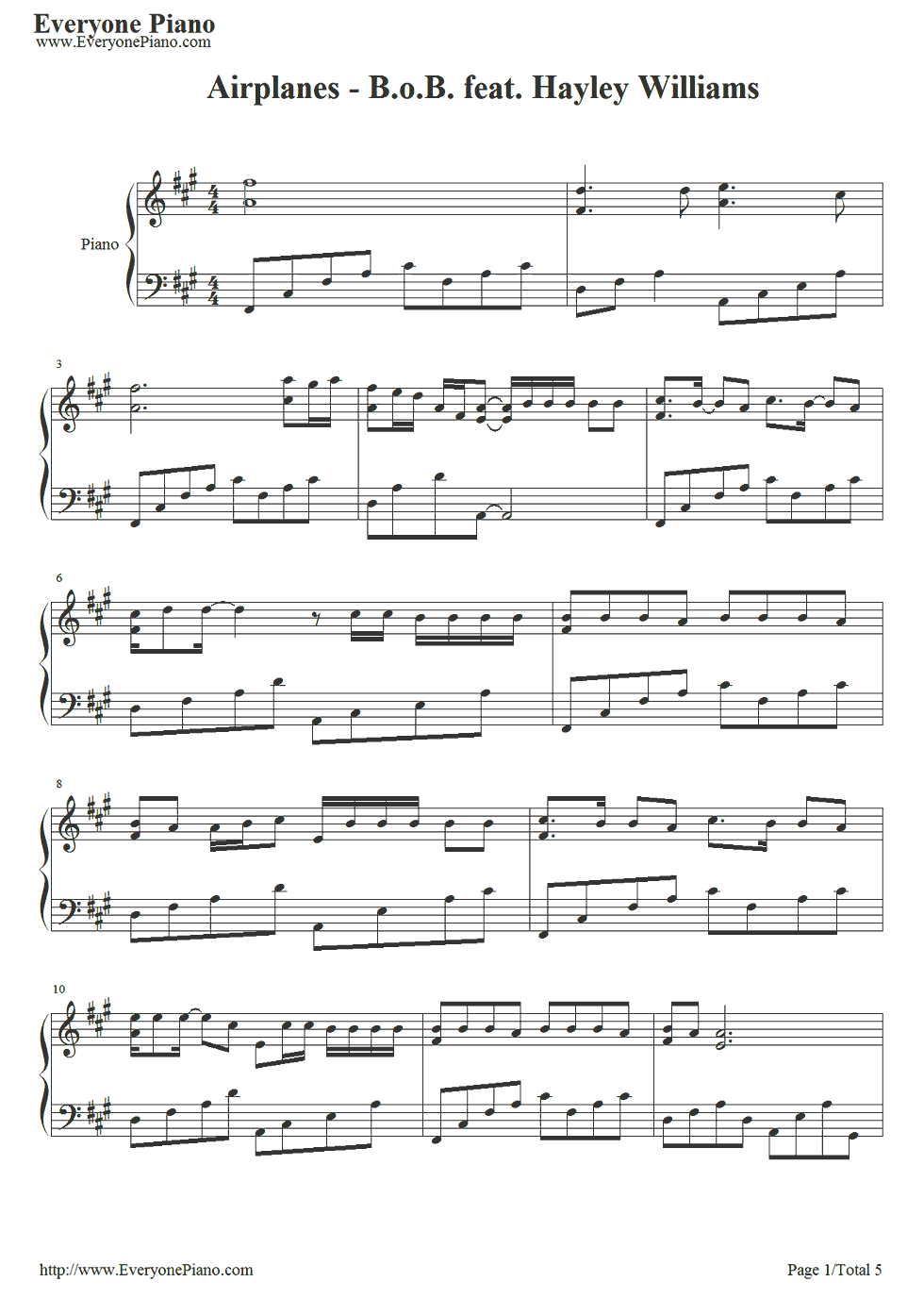 Airplanes-B.o.b. Feat. Hayley Williams Stave Preview 1 | Music In - Airplanes Piano Sheet Music Free Printable