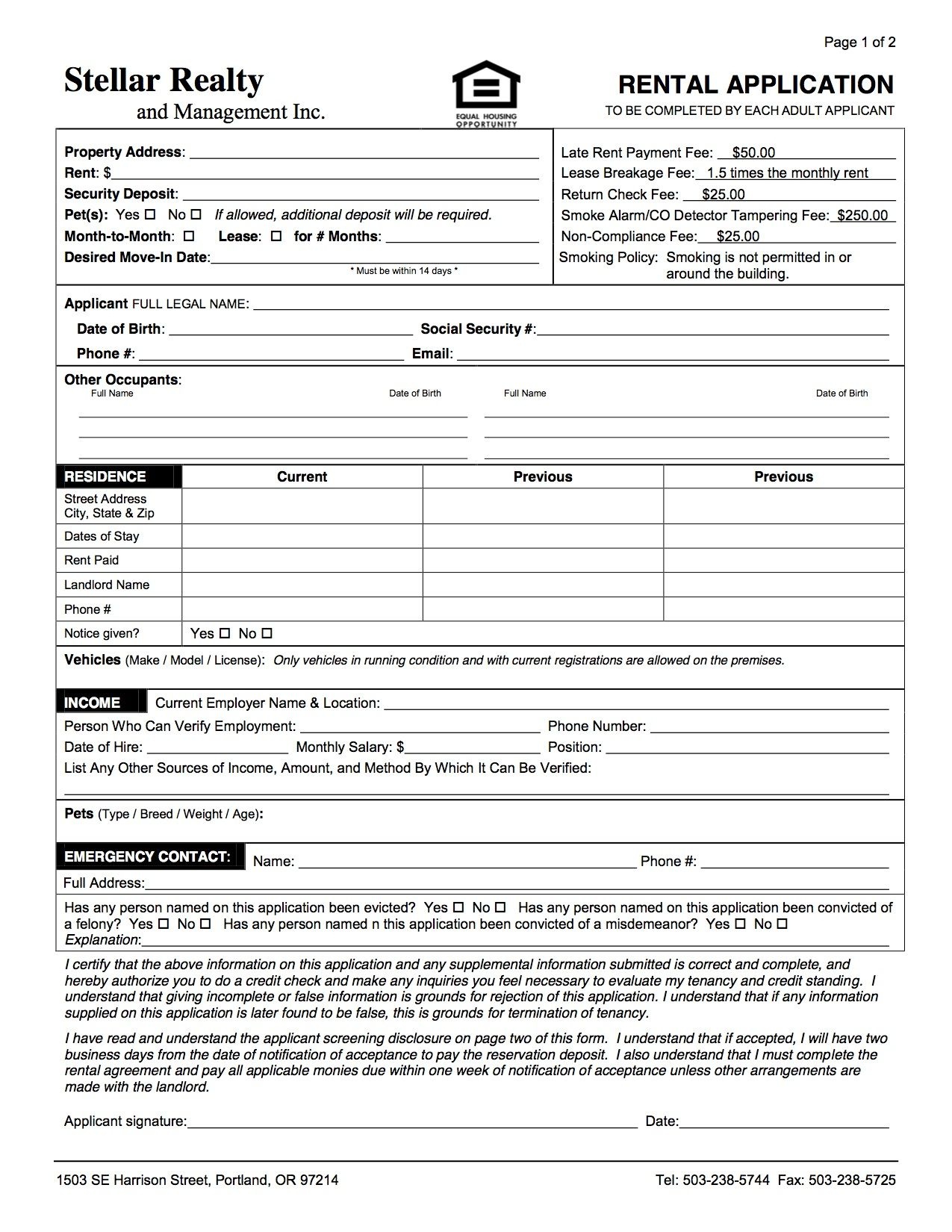 Application For House Design Stellar Felony Job   Application Stellar Realty And Management Inc 503 238 5744 Free Printable House Rental Application Form 