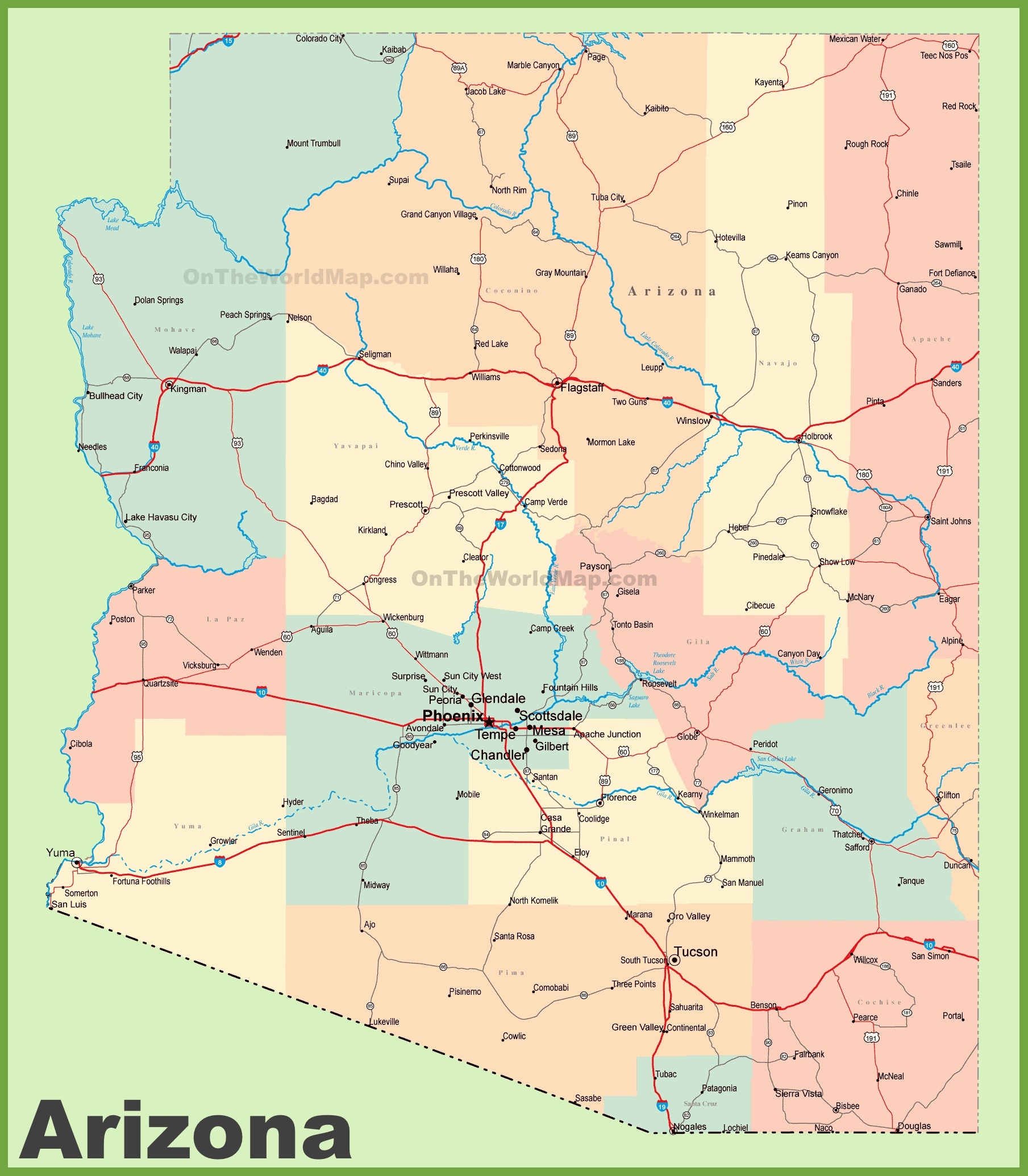 Arizona Road Map With Cities And Towns - Free Printable Map Of Arizona
