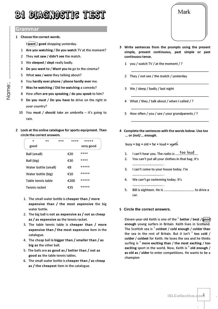 B1 Diagnostic Test Worksheet - Free Esl Printable Worksheets Made - Free Esl Assessment Test Printable