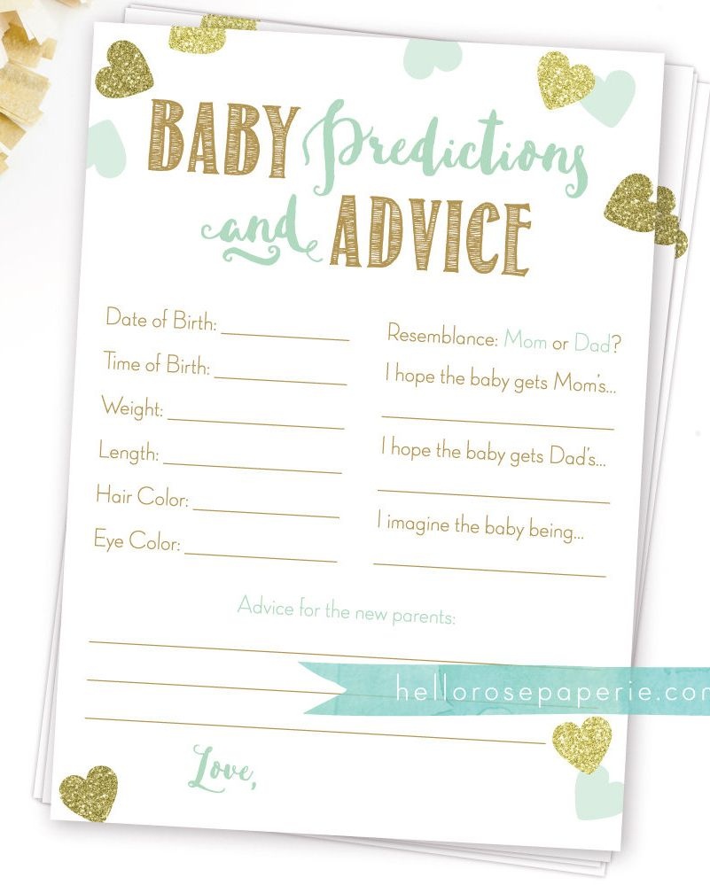 Baby Predictions And Advice . Baby Prediction Cards . Mint And Gold - Baby Prediction And Advice Cards Free Printable