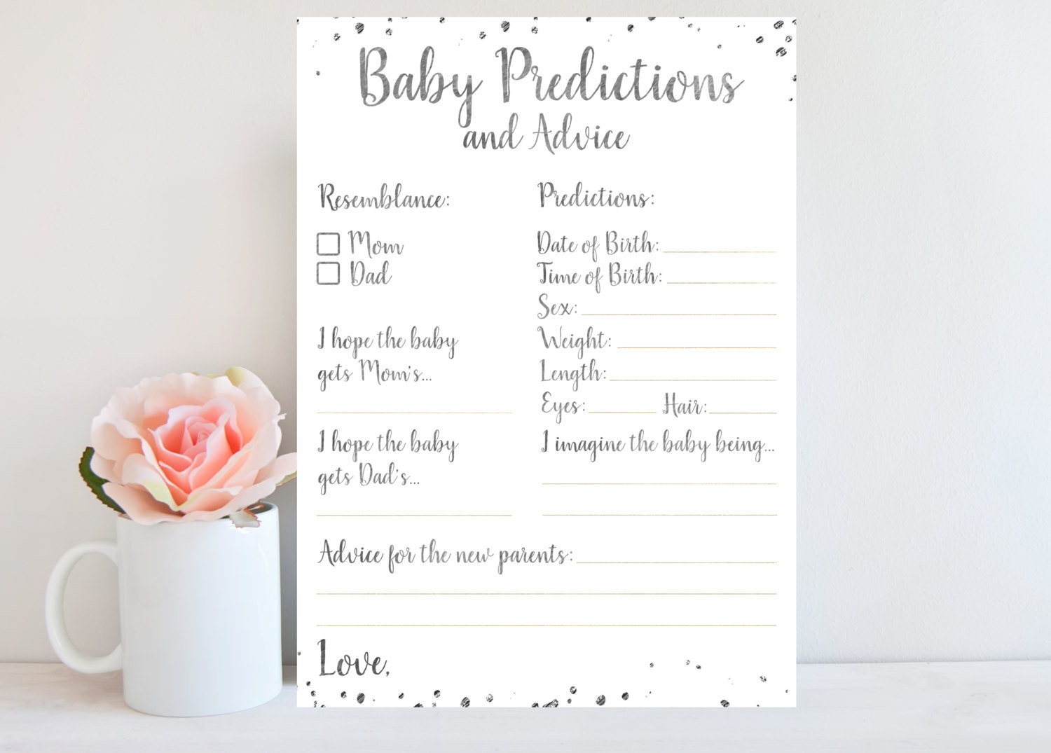 Baby Shower Predictions Card Silver Confetti Baby | Etsy - Baby Prediction And Advice Cards Free Printable