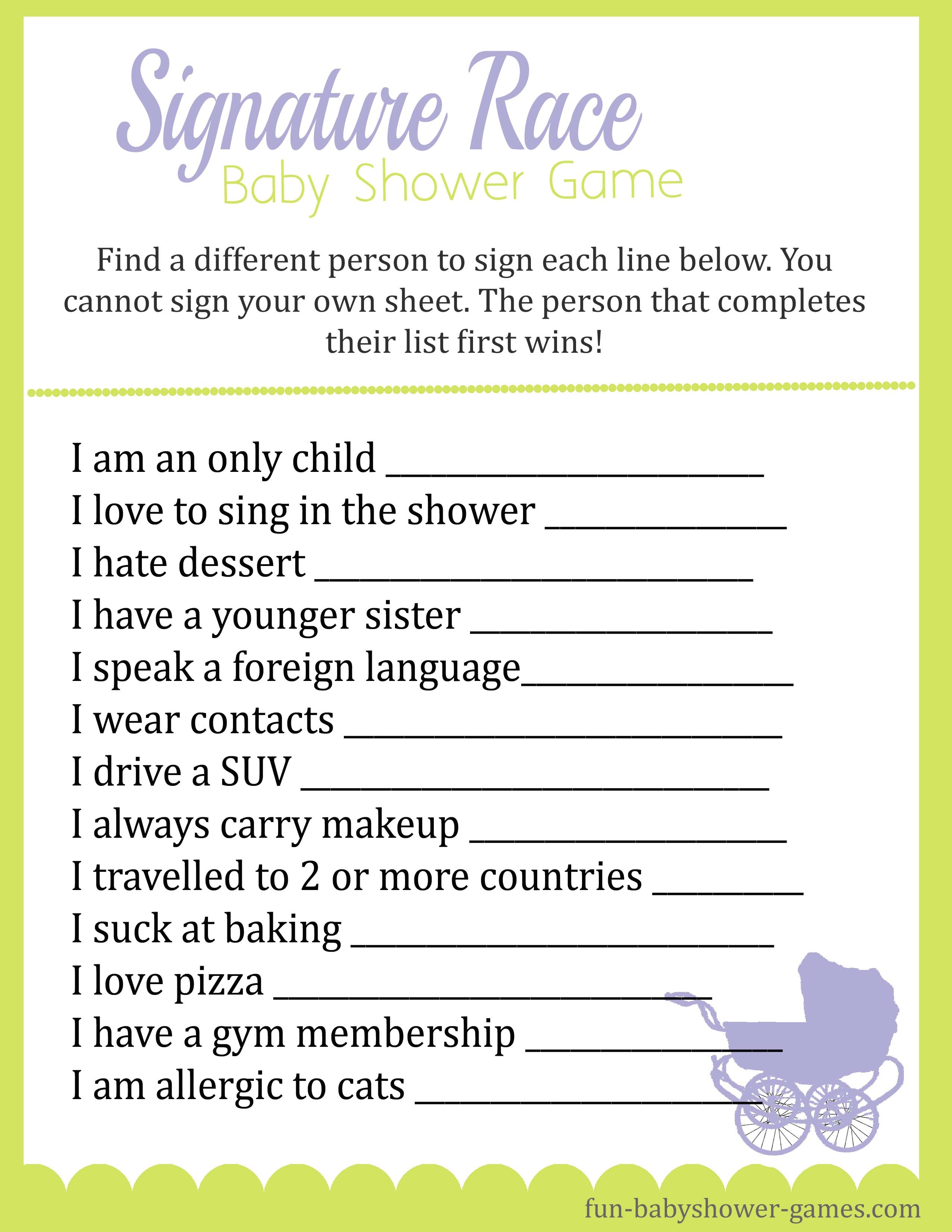 Baby Shower Signature Race Game - Unique Baby Shower Games Free Printable