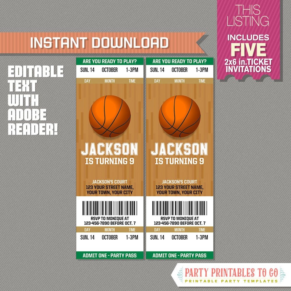 Basketball Ticket Invitation + Free Thank You Card! - (Green And - Basketball Invites Free Printable