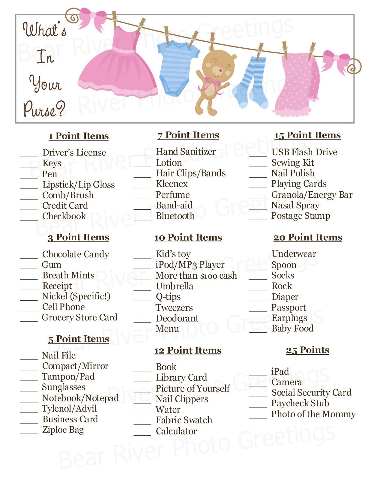 Bear River Photo Greetings: New! Instant Download Baby Shower Games - Free Printable Baby Shower Game What&amp;amp;#039;s In Your Purse
