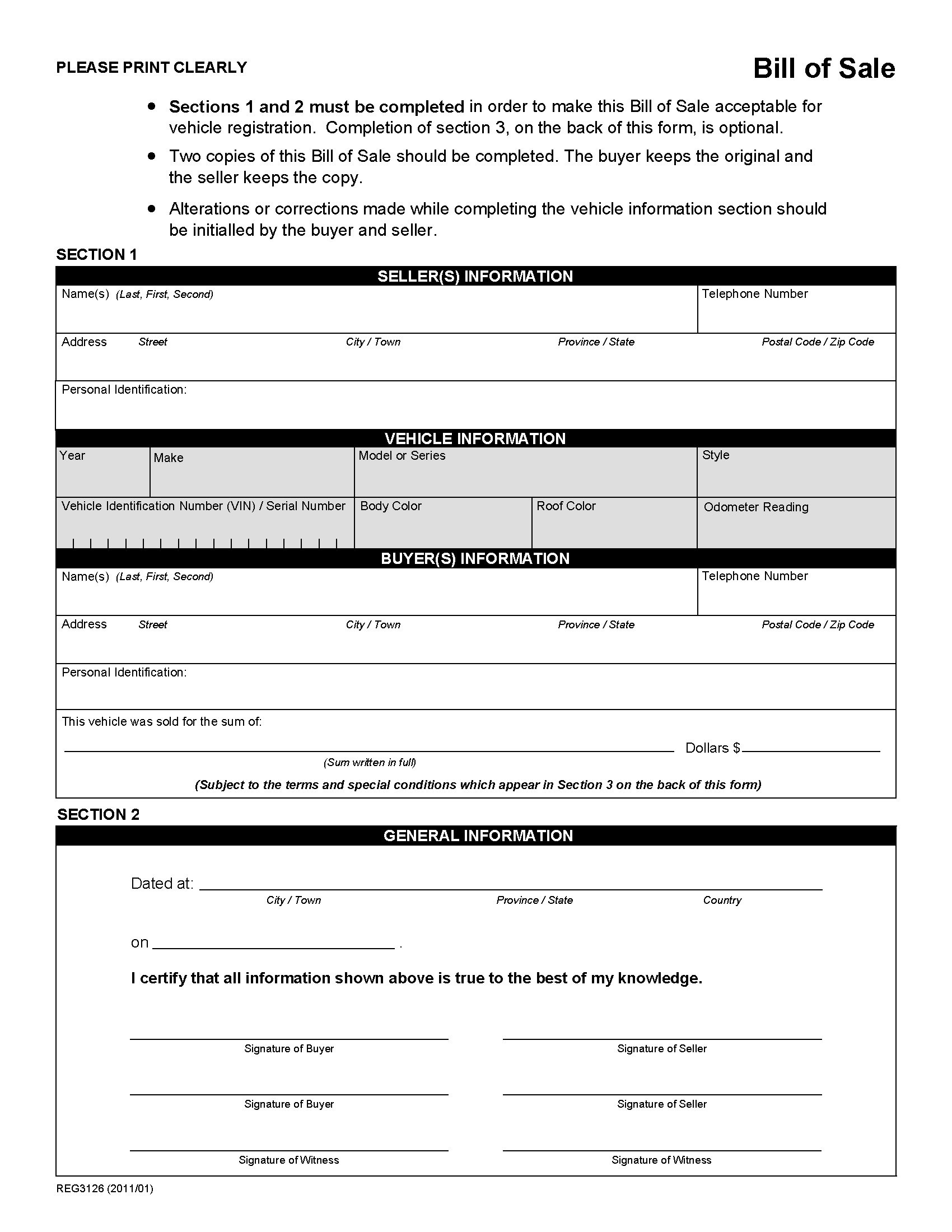 Bill Of Sale Form Template Vehicle [Printable] | Site Provides - Free Printable Blank Auto Bill Of Sale