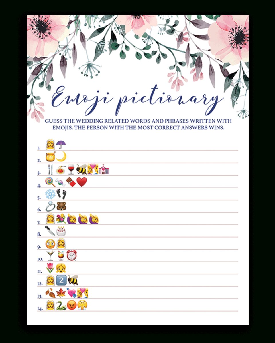 Blush Floral Bridal Shower Emoji Pictionary Game Printable - Spg1 - Wedding Emoji Pictionary Free Printable