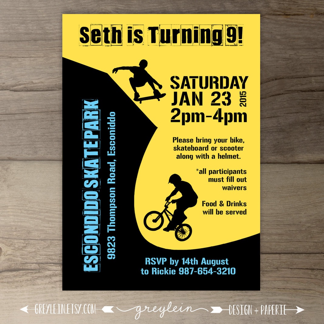 Bmx Party / Skate Park Birthday Party Invitations / Skateboard | Etsy - Free Printable Skateboard Birthday Party Invitations