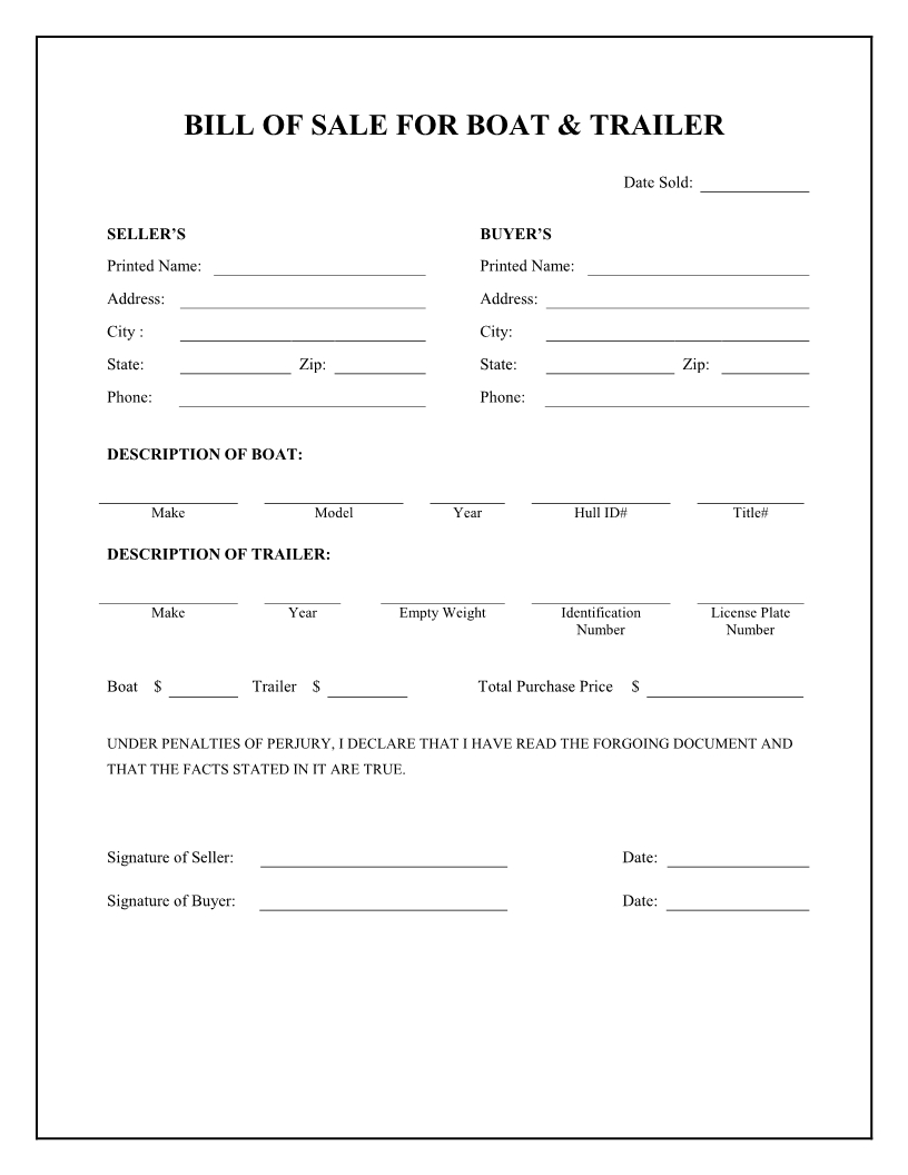 Boat Bill Sale Free Printable | Boat &amp;amp; Trailer Bill Of Sale Form - Free Printable Bill Of Sale