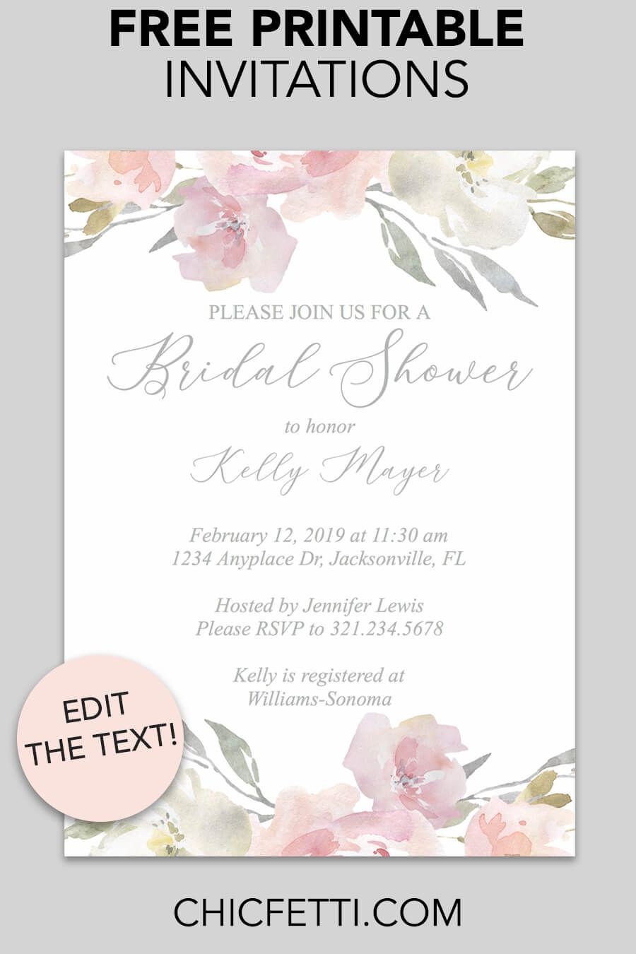 Bridal Shower Printable Invitation (Blush Floral | Invitations - Free Printable Bridal Shower Invitations