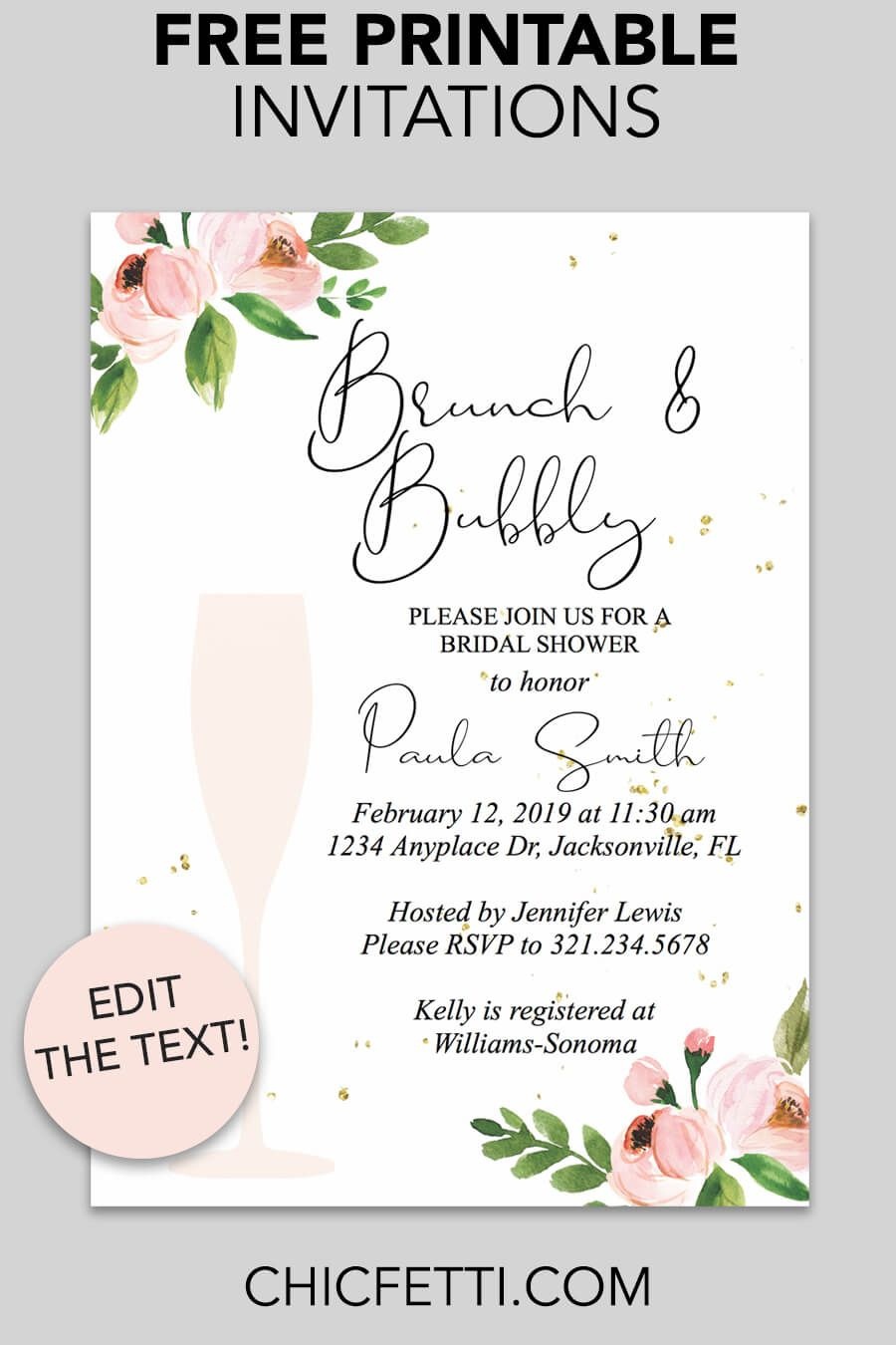 Bridal Shower Printable Invitation (Floral Bubbly | Invitations - Free Printable Bridal Shower Invitations