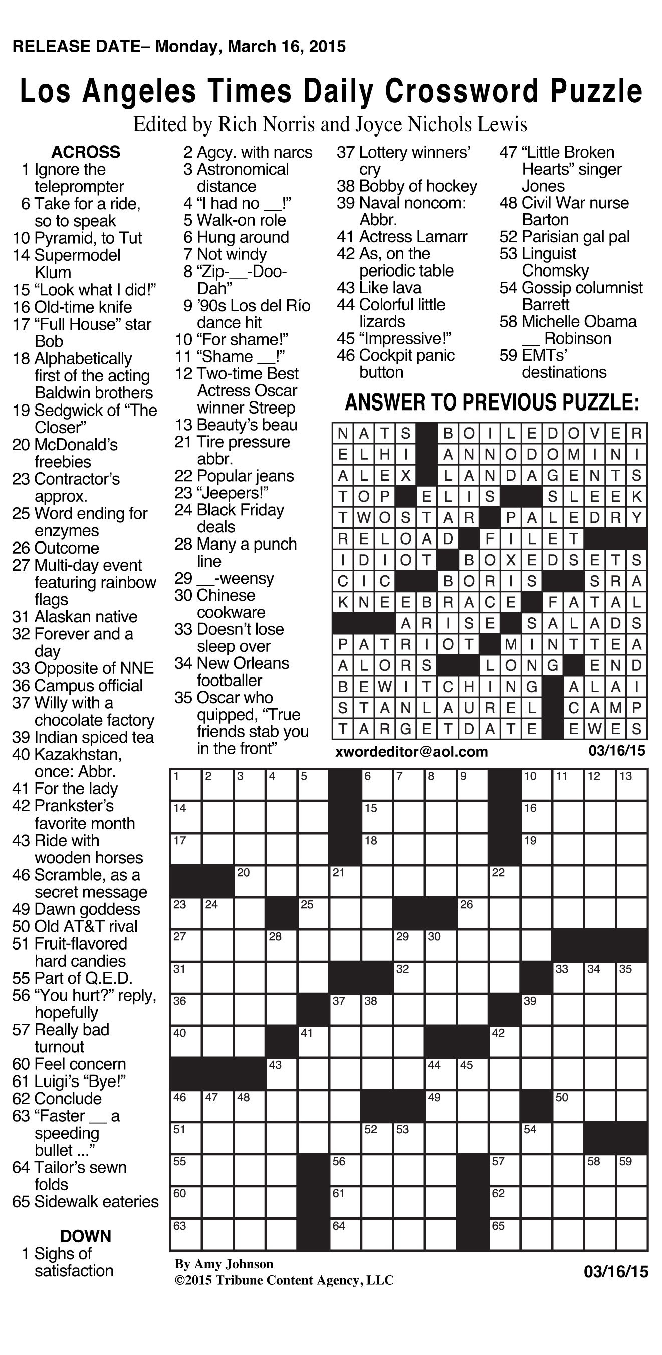 Free Printable Crosswords La Times