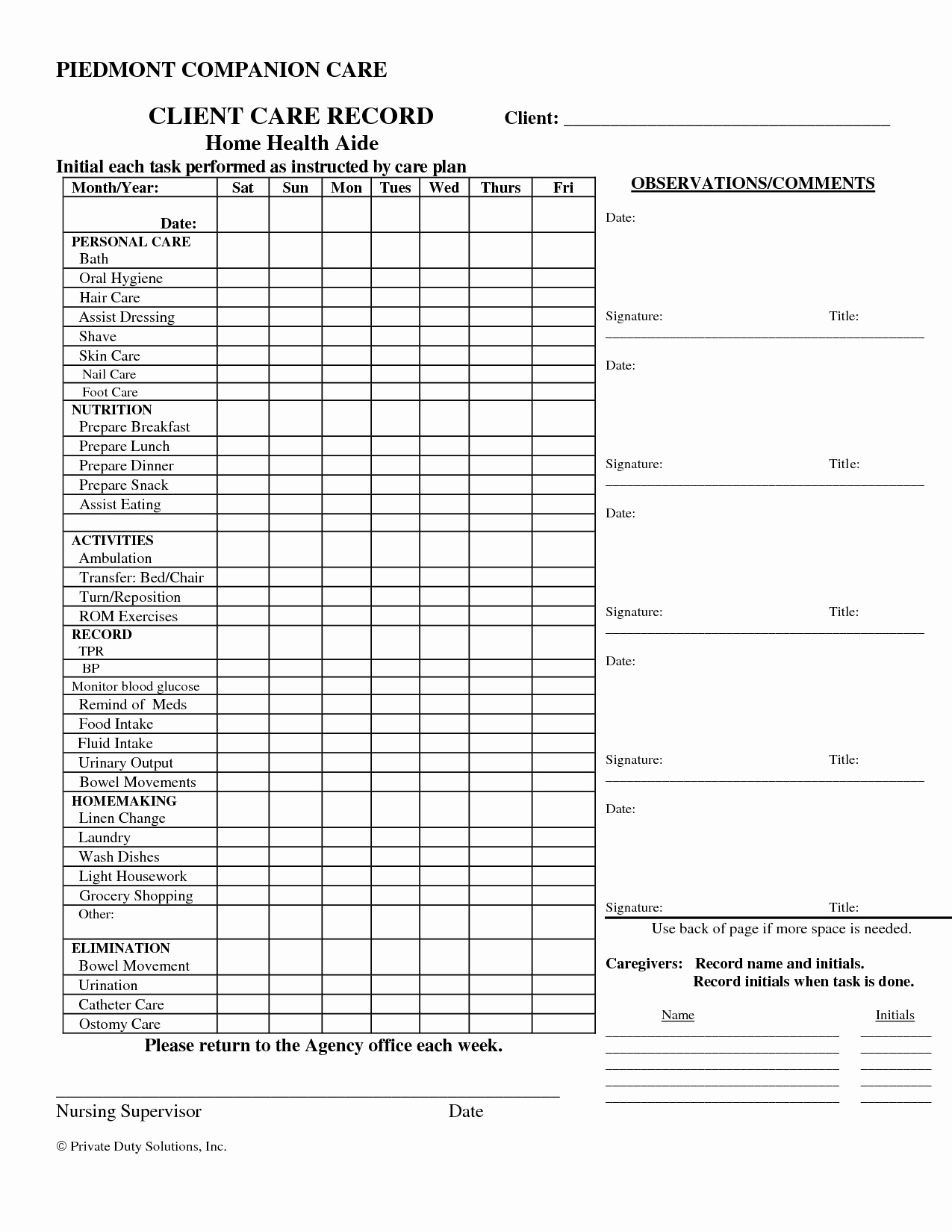 Caregiver Daily Log Sheet