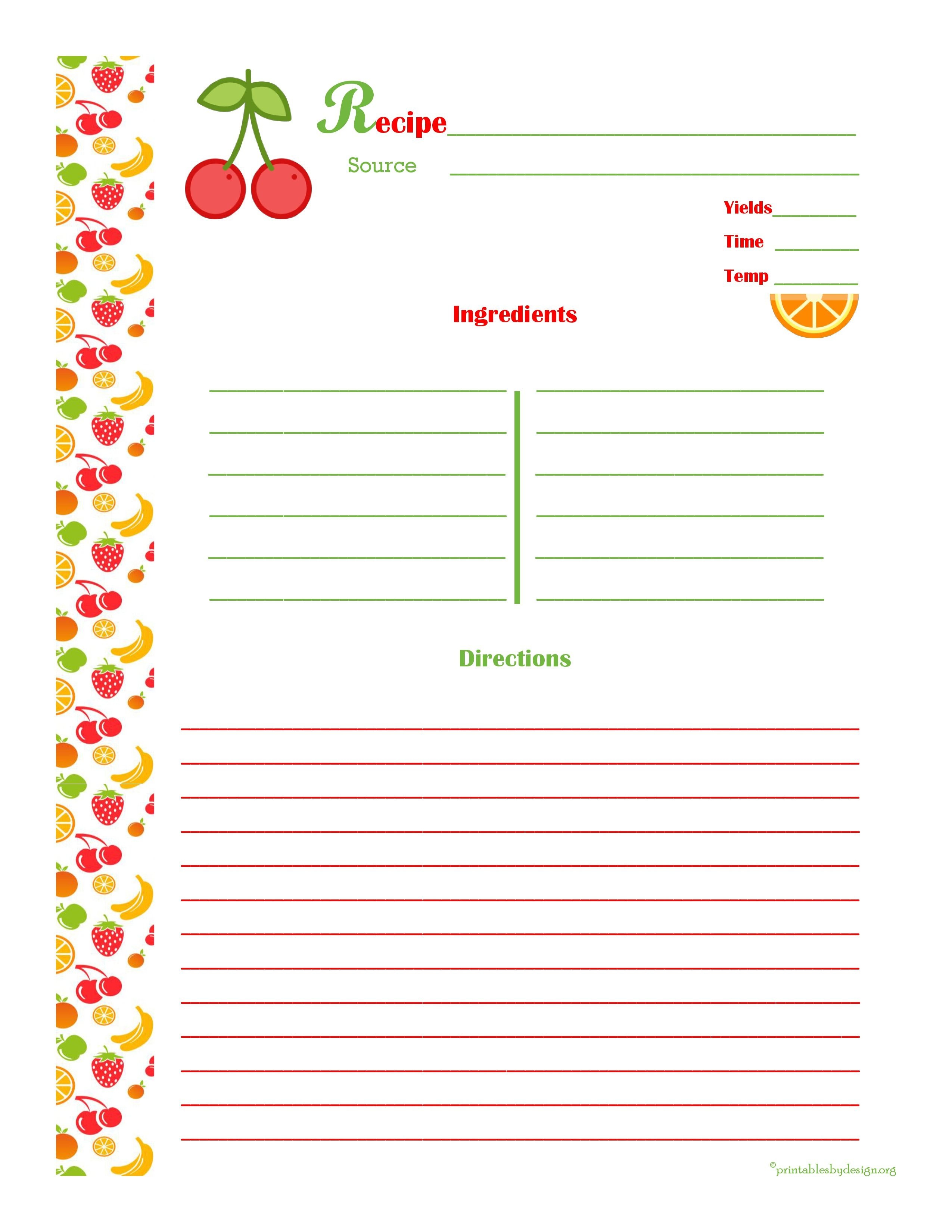 Cherry &amp;amp; Orange Recipe Card - Full Page | Cool Recipe Cards | Food - Free Printable Recipe Templates