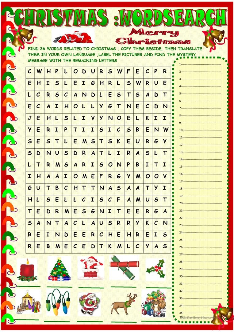 Christmas : Wordsearch With A Hidden Message Key Included Worksheet - Free Word Search With Hidden Message Printable