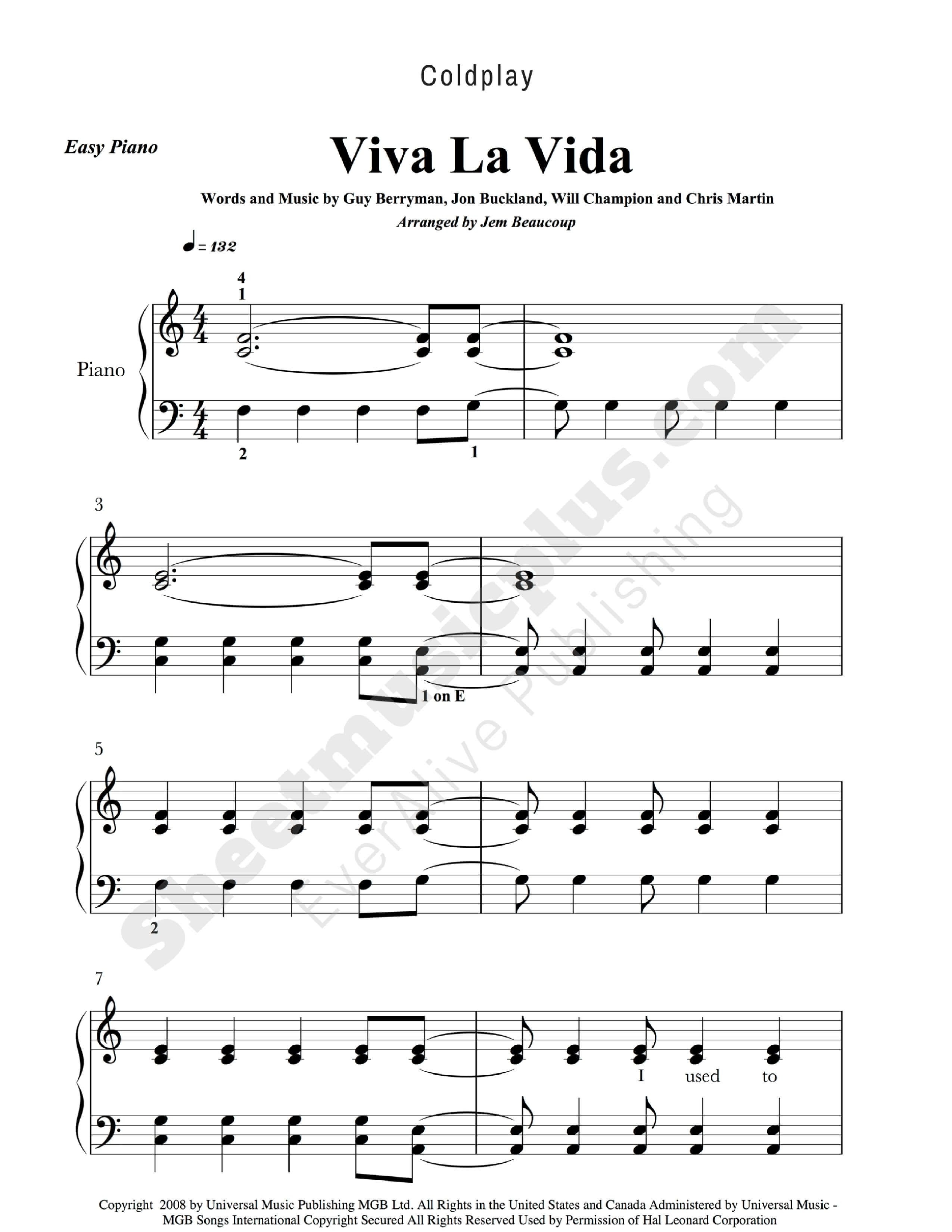 Coldplay Viva La Vida Easy Piano Music. Download And Print - Free Piano Sheet Music Online Printable Popular Songs