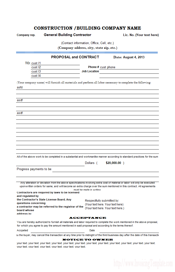 Construction Proposal Template - Free Printable Contractor Proposal Forms