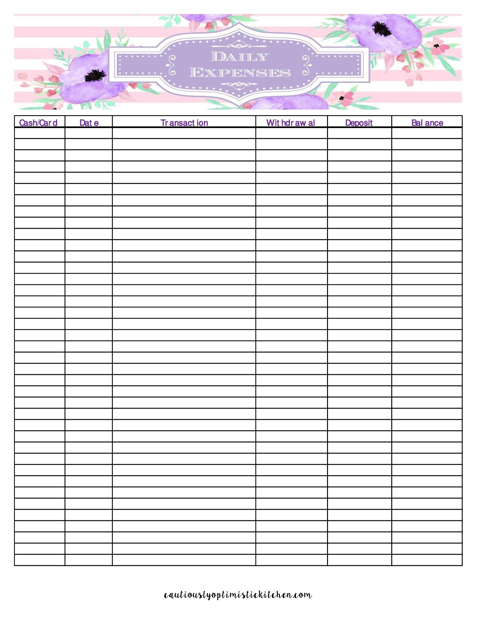Daily Expense Tracker - Cautiously Optimistic Kitchen - Free Printable Daily Expense Tracker