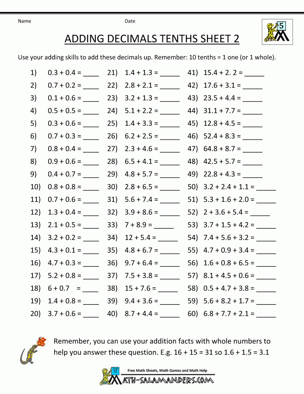 Decimal Math Worksheets Addition - Free Printable Multiplication Worksheets For 5Th Grade