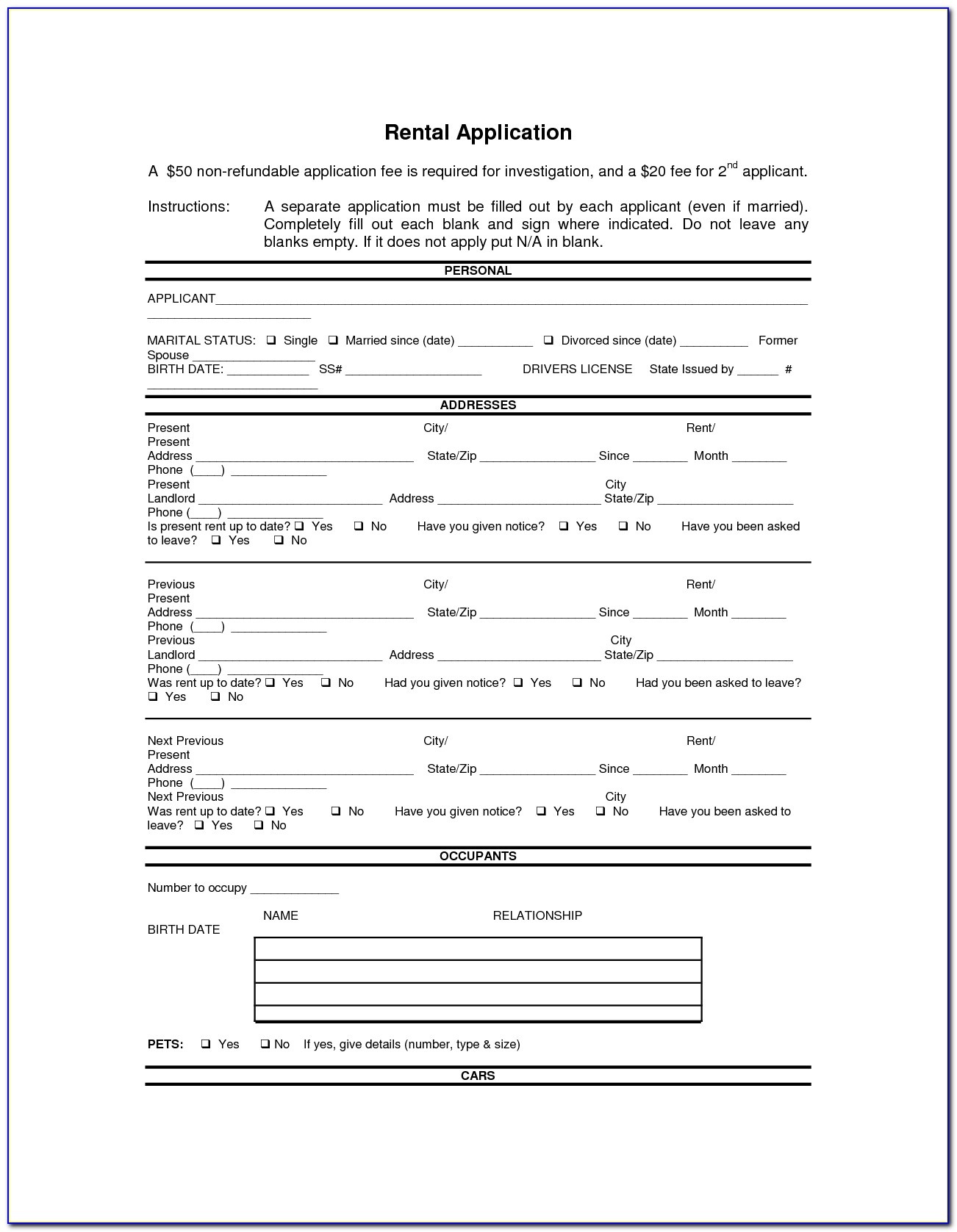 Doc.#592799: Printable Rental Agreement Forms – Free Rental Forms - Free Printable Rental Application Form