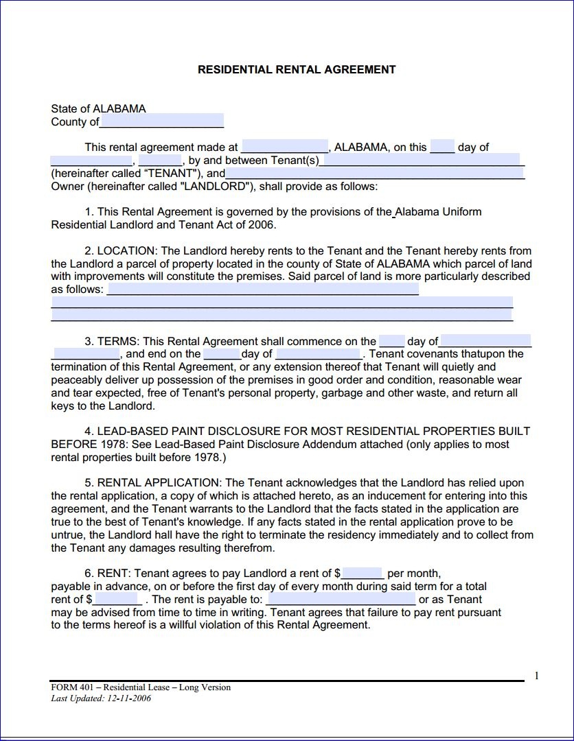 Alabama Lease Agreement Template