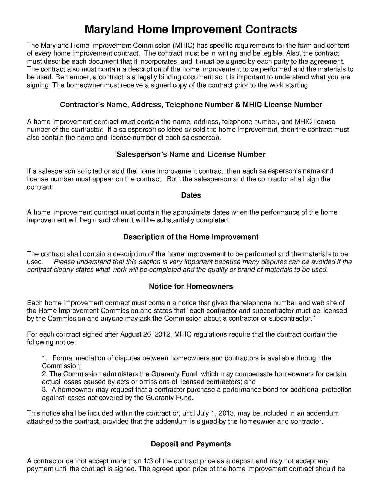 Free Printable Home Improvement Contracts Printable Free Templates 