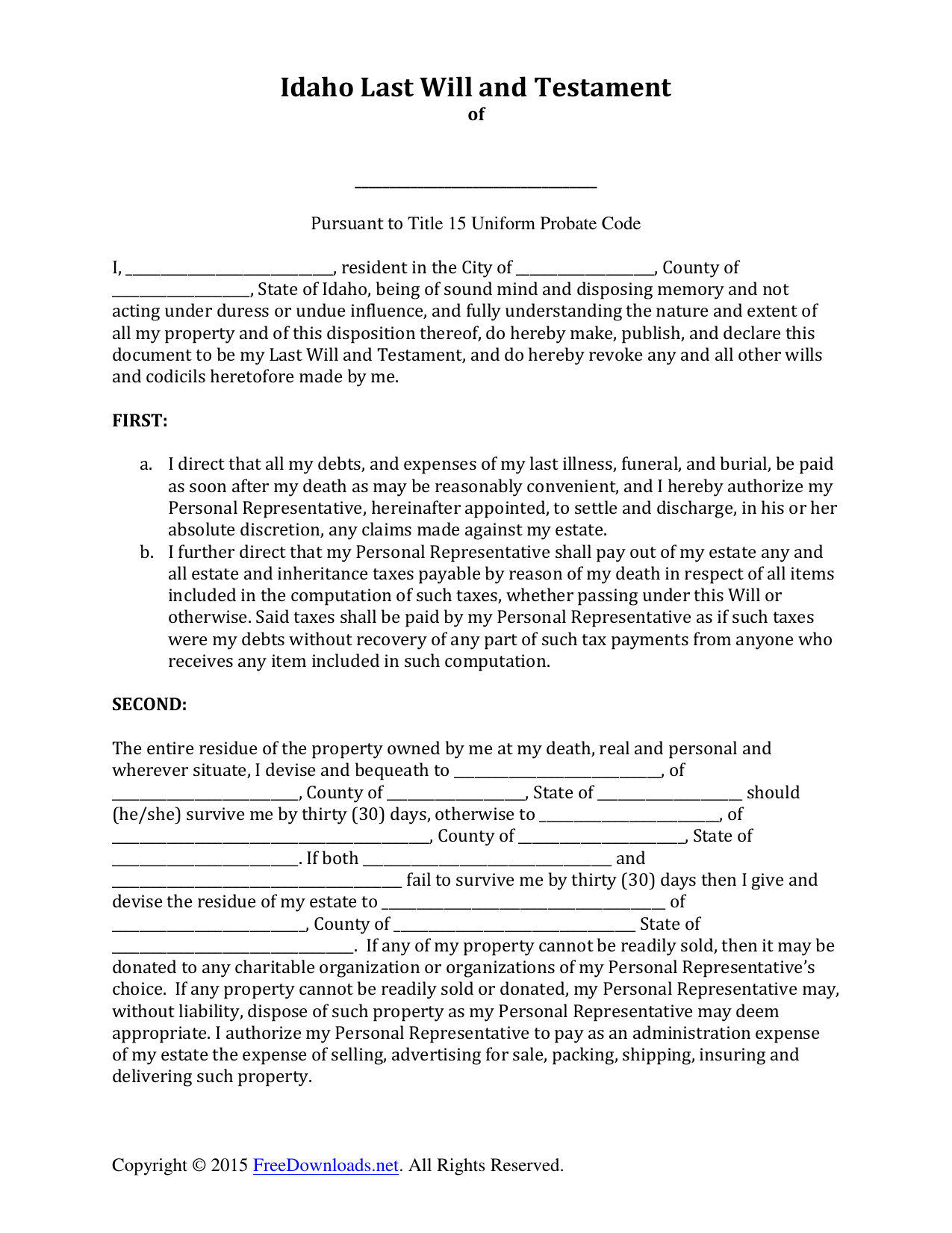 Free Will Testament Forms Printable