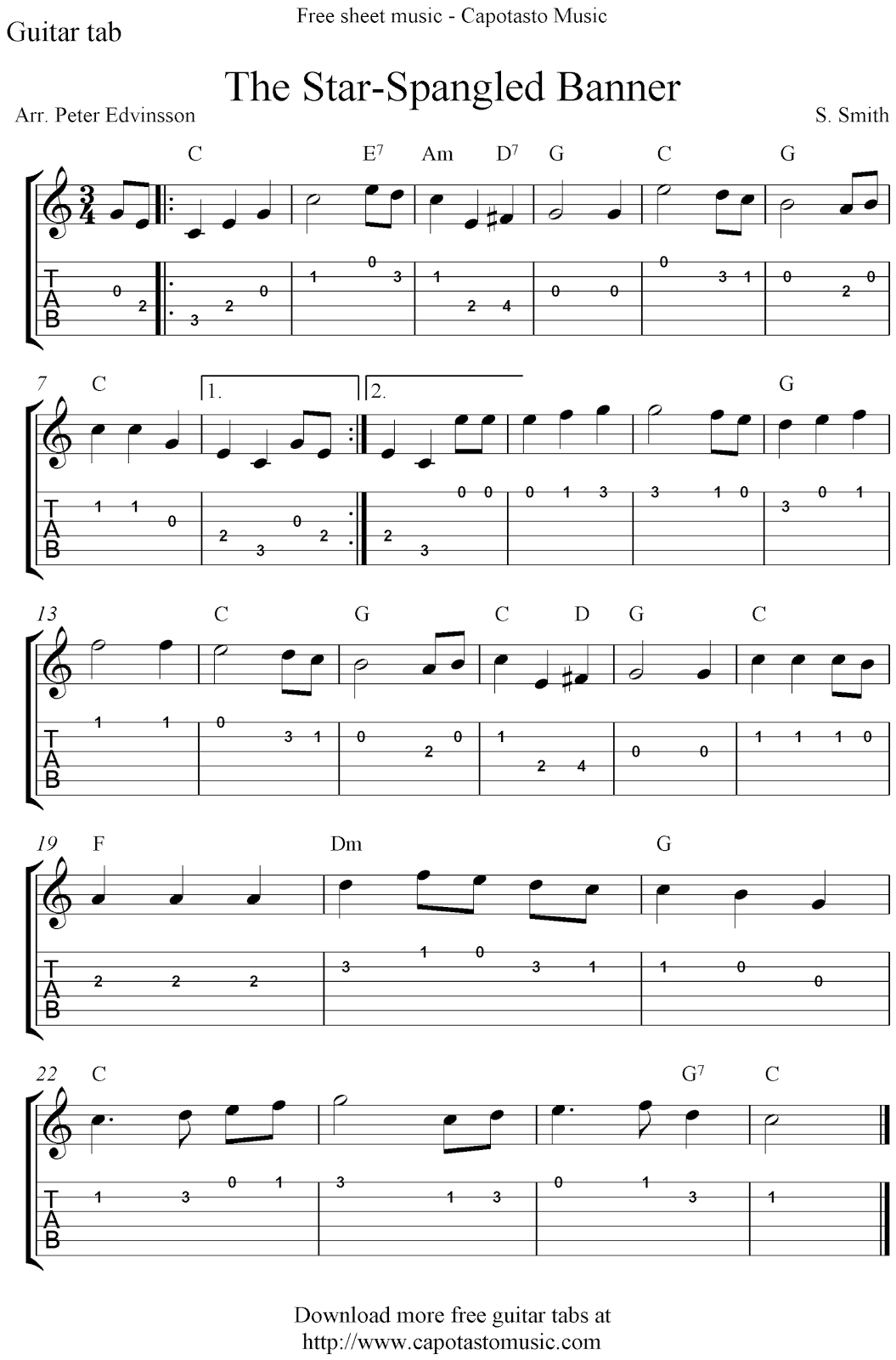Easy Guitar Tab Sheet Music Score With The Melody The Star-Spangled - Free Printable Guitar Tabs For Beginners