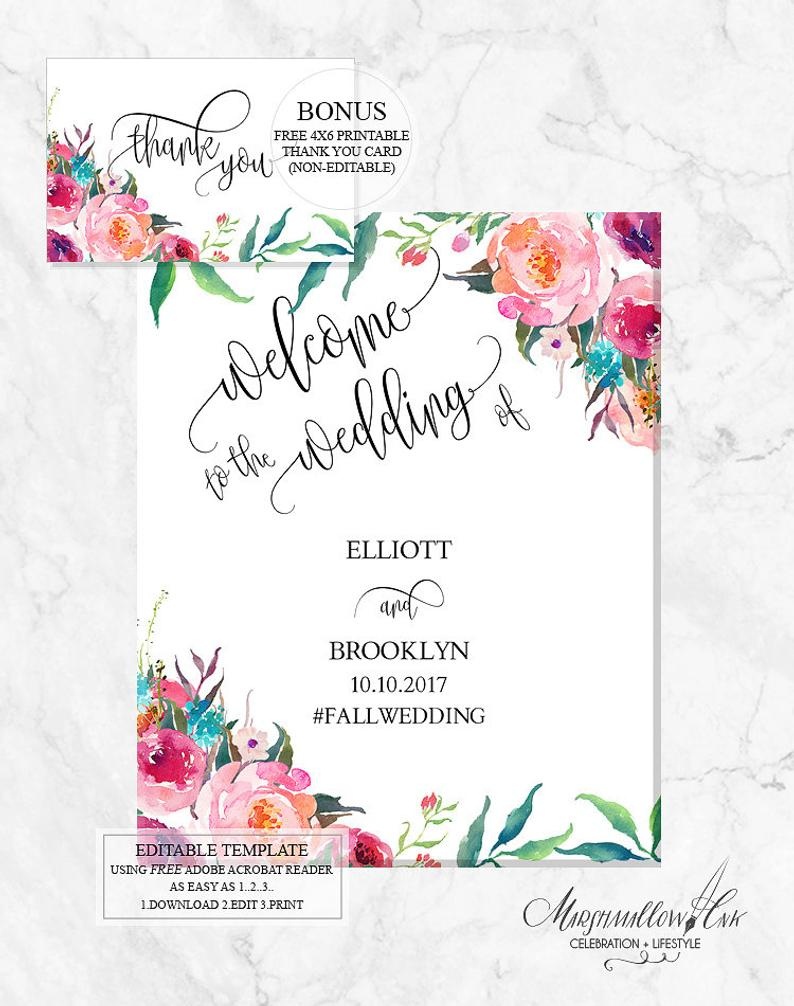 Editable Boho Wedding Signs Template Wedding Welcome Entrance | Etsy - Free Printable Welcome Sign Template