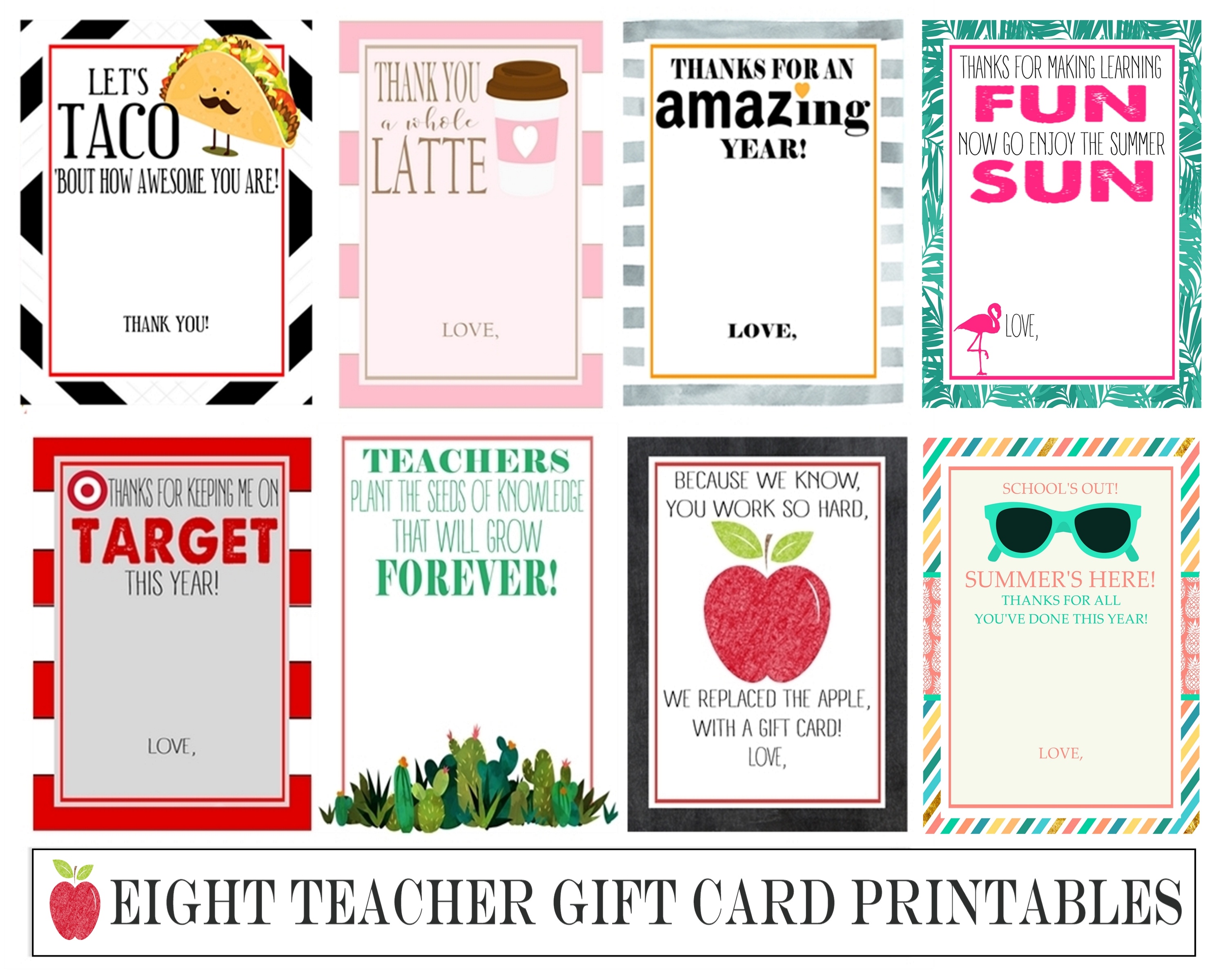 Eight Instant Download Teacher Gift Card Printables - Crisp Collective - Thanks A Latte Free Printable Card