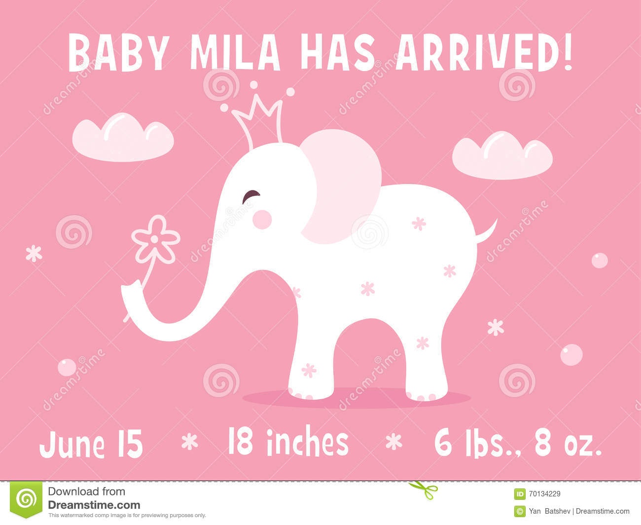 Elephant And Clouds. Baby Girl Birth Announcement Card Template - Free Printable Baby Birth Announcement Cards