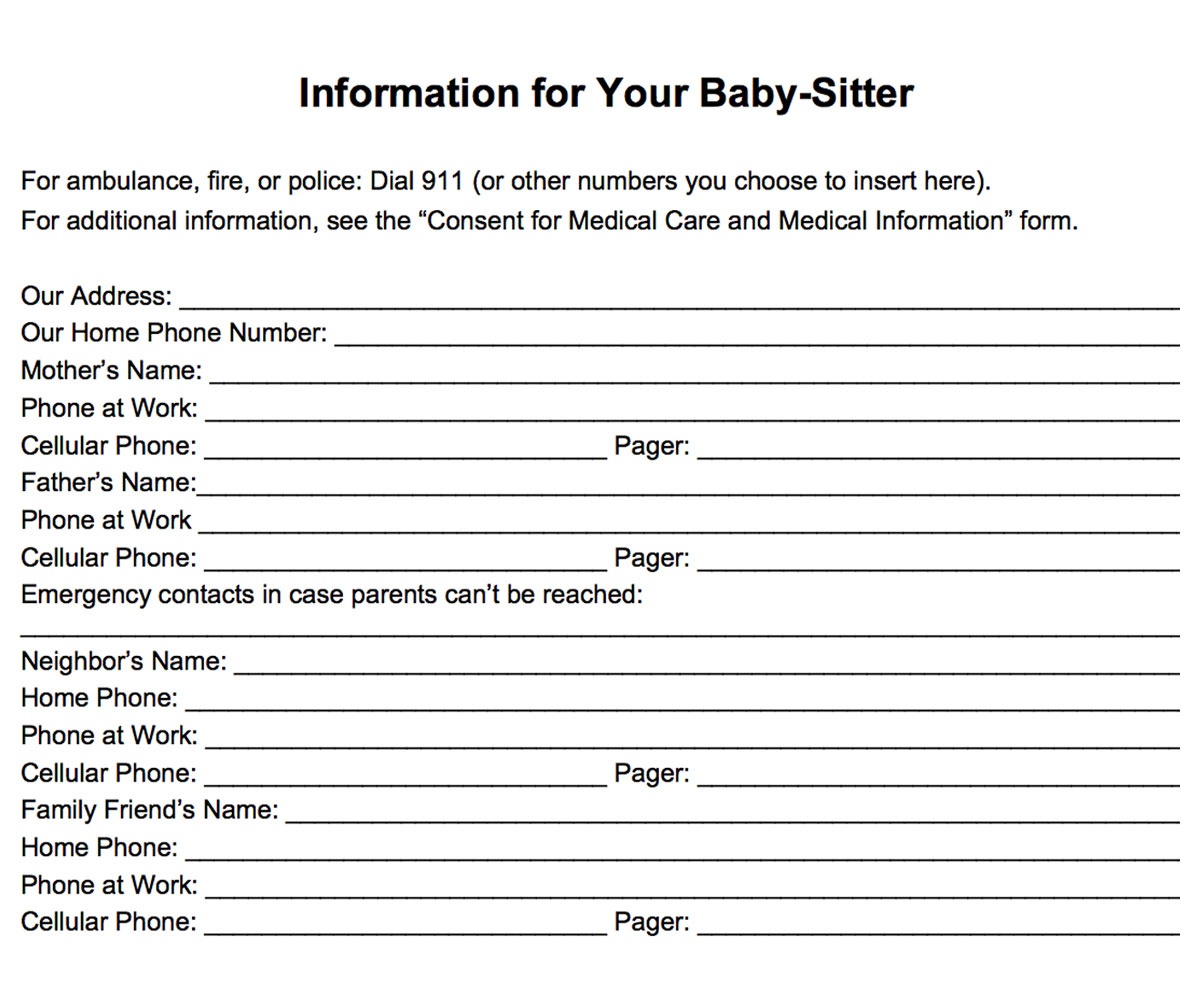 Emergency Information Form For Babysitters Printable - Familyeducation - Free Printable Parent Information Sheet