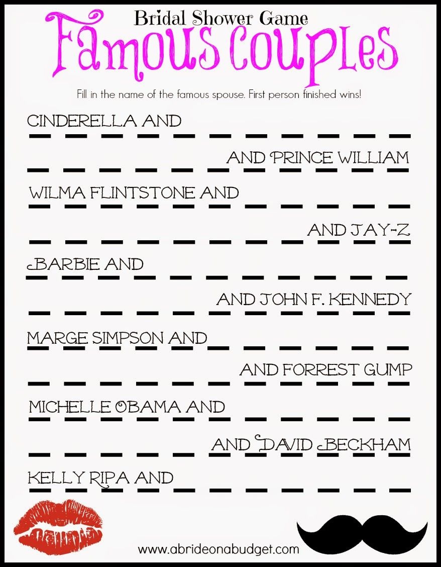Famous Couples Bridal Shower Game (Free Printable) | Frugal And - Free Printable Bridal Shower Games And Activities