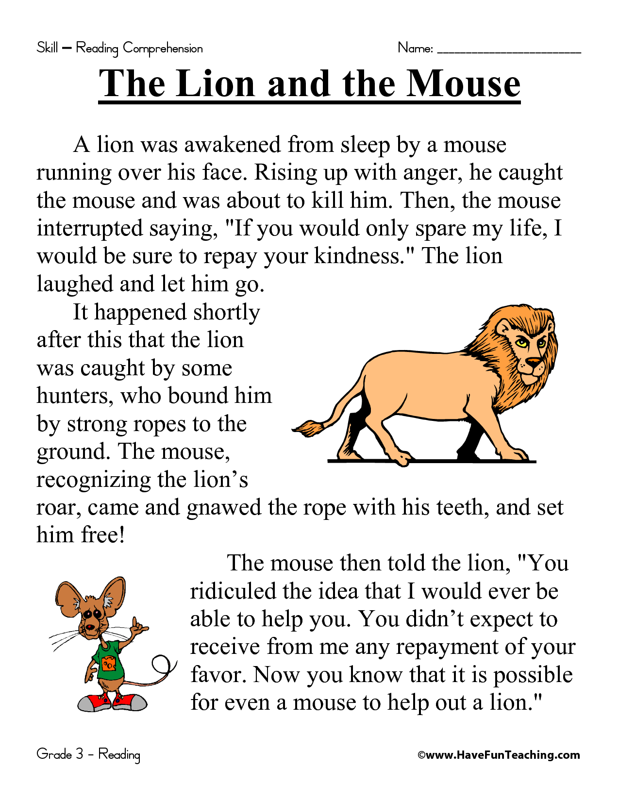 First Grade Reading Comprehension Worksheets | The Lion And The - Free Printable Short Stories For Grade 3