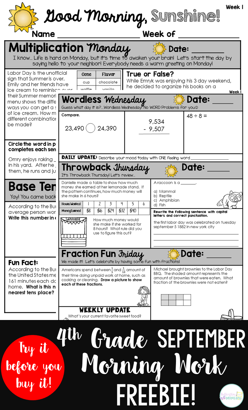 Free!} 4Th Grade Morning Work For September -- Multiplication Monday - Free Printable 4Th Grade Morning Work