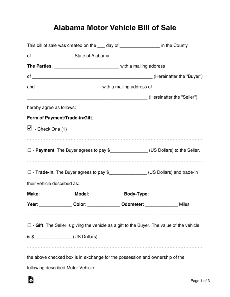 Free Alabama Motor Vehicle Bill Of Sale Form - Word | Pdf | Eforms - Free Printable Bill Of Sale For Car