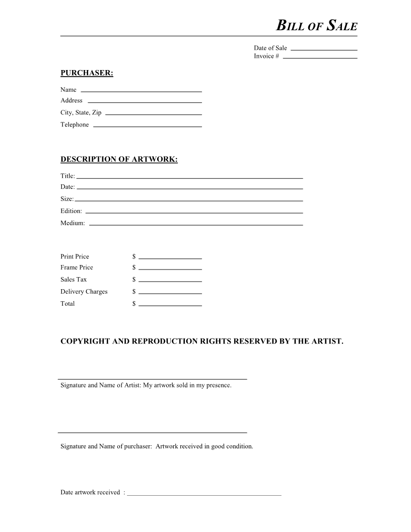 Free Artwork Bill Of Sale Form - Download Pdf | Word - Free Printable Bill Of Sale