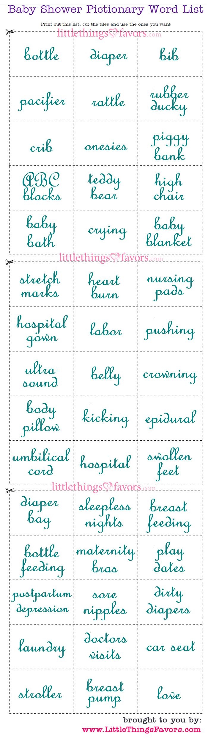 Free Baby Shower Pictionary Word List To Print. #printables - Click - Free Printable Pictionary Cards