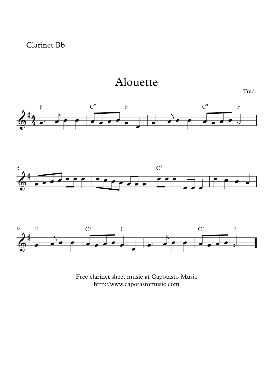 Free Easy Clarinet Sheet Music | Alouette - Free Printable Clarinet Music