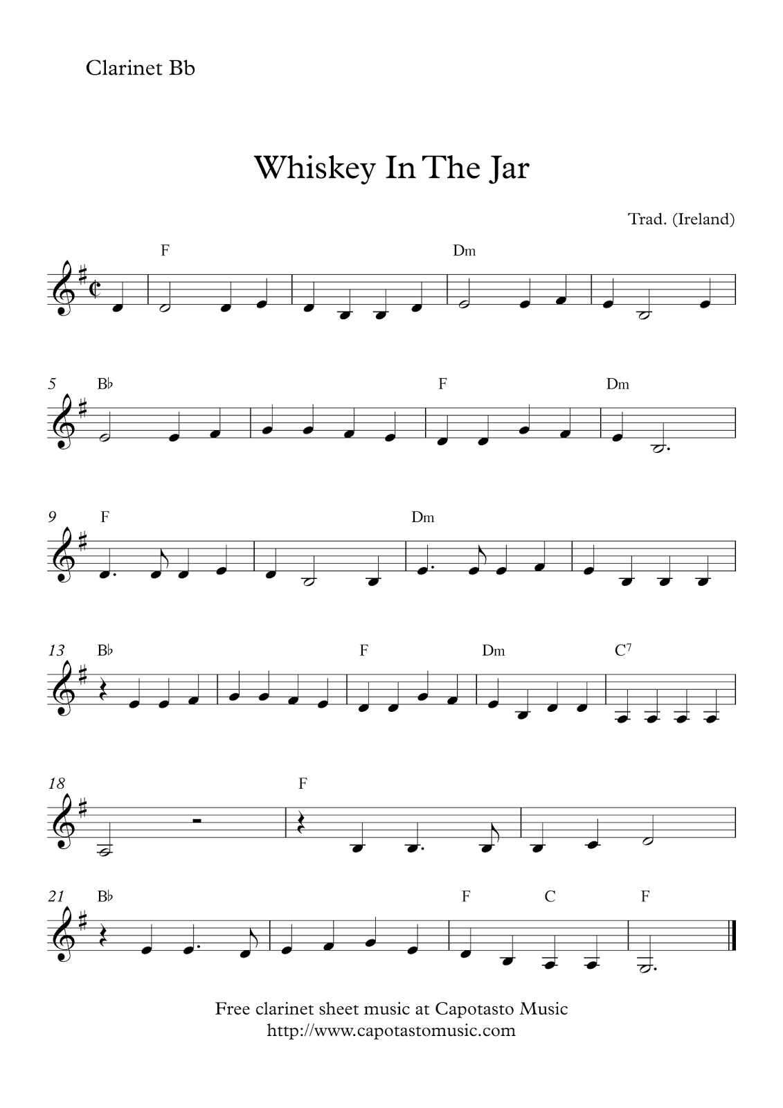Free Easy Clarinet Sheet Music | Whiskey In The Jar - Free Printable Clarinet Music