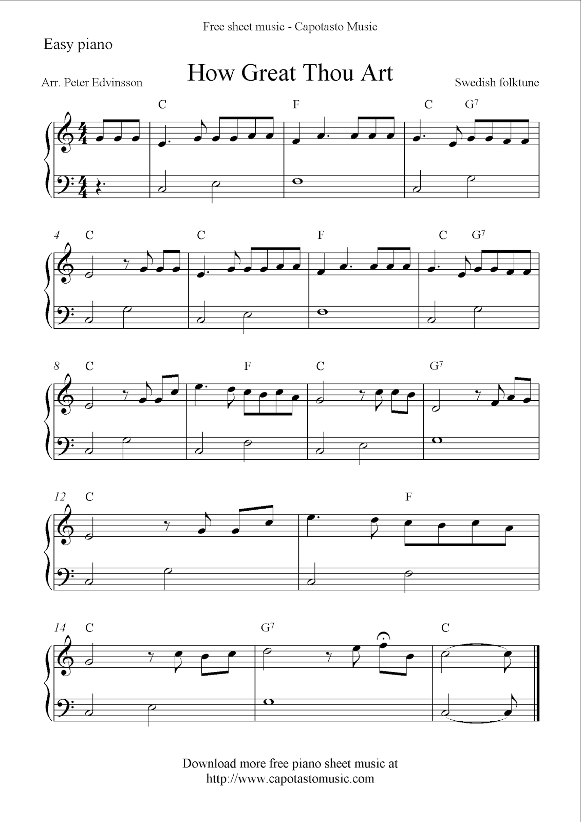 Free Easy Piano Sheet Music, How Great Thou Art - Free Printable Sheet Music