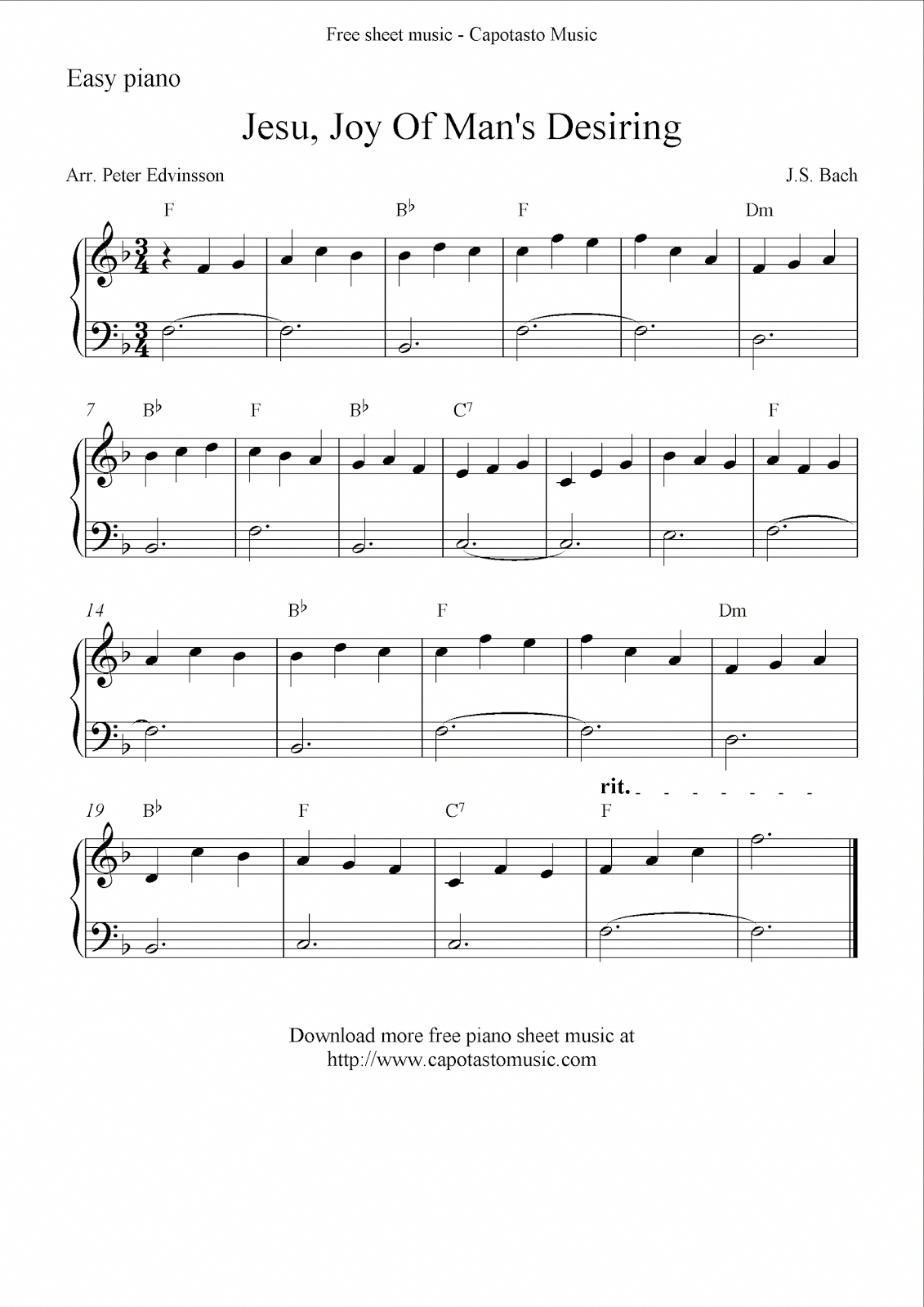 Free Easy Solo For Piano With The Melody Jesu, Joy Of Man&amp;#039;s Desiring - Beginner Piano Worksheets Printable Free