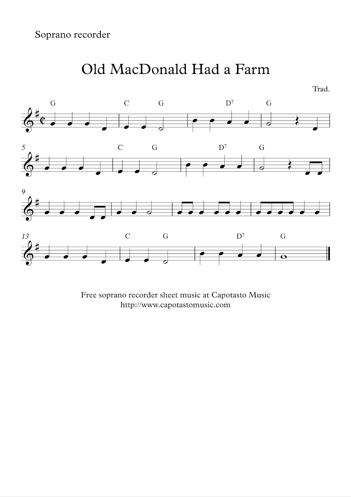 Free Easy Soprano Recorder Sheet Music - Old Macdonald Had A Farm - Free Printable Recorder Sheet Music For Beginners