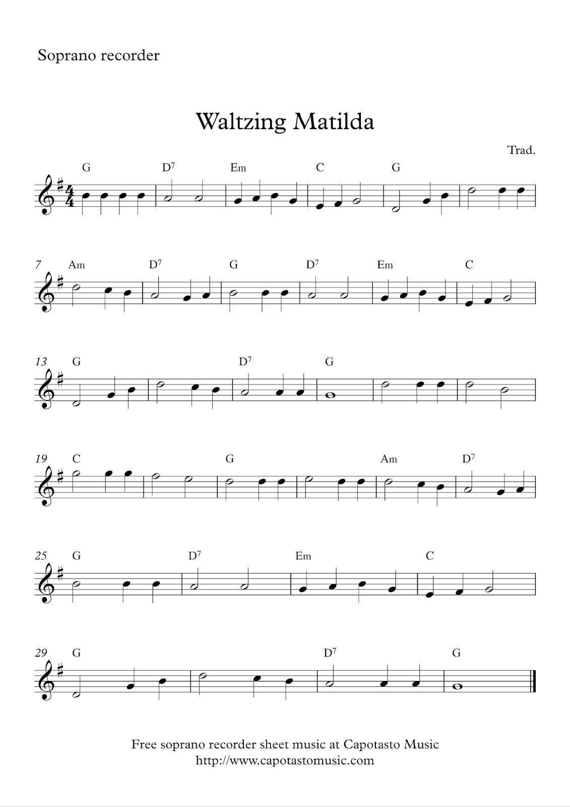 Free Easy Soprano Recorder Sheet Music, Waltzing Matilda - Free Printable Recorder Sheet Music For Beginners